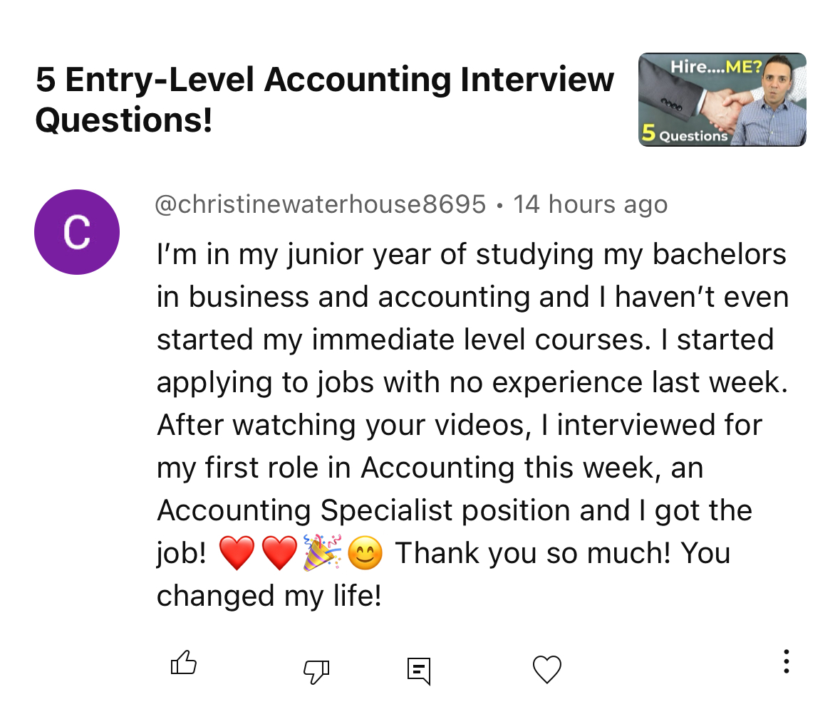 YouTube comment from Christine saying she interviewed for her first accounting role and got the job