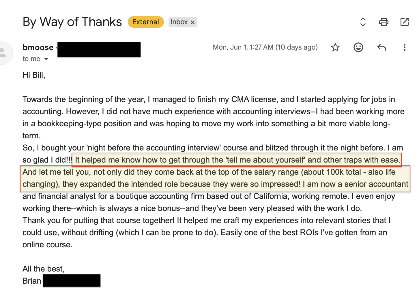 Email from Brian describing landing a senior accountant role at the top of the salary range after the interview course