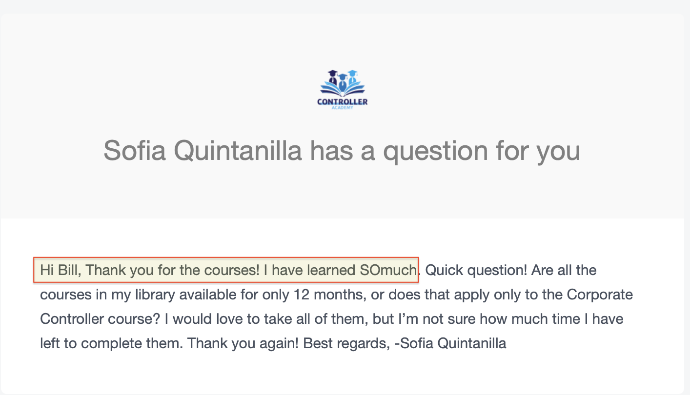 Email from Sofia Quintanilla thanking Bill and saying she has learned so much from the courses