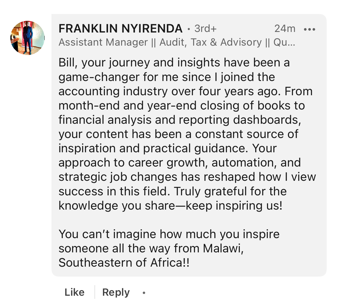 LinkedIn comment from Franklin Nyirenda about practical guidance across close, reporting and career growth