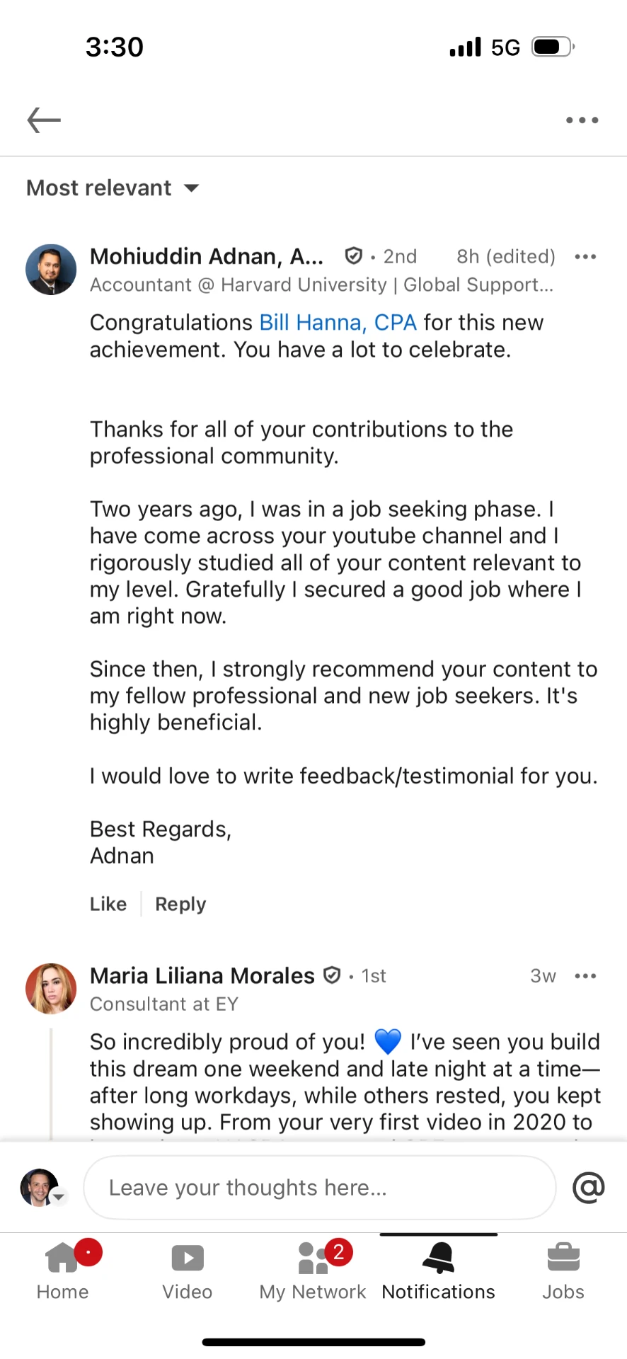 LinkedIn comment from Mohiuddin Adnan saying he secured a good job after studying Bill's content