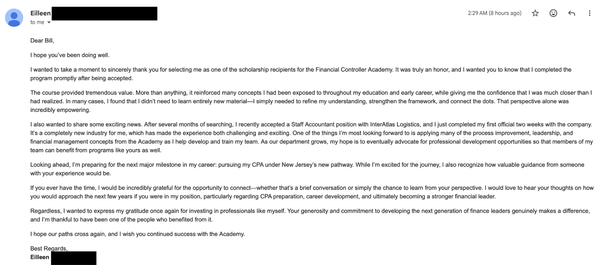 Email from Eilleen sharing that she accepted a Staff Accountant position after completing the Financial Controller Academy